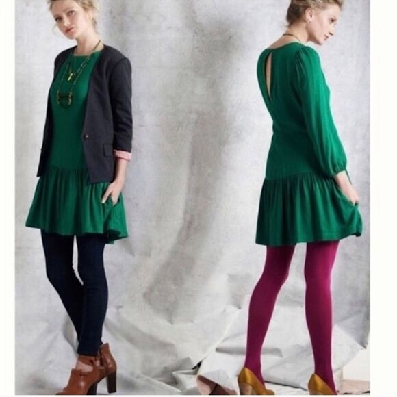 Anthropologie Meadow Rue Drop Waist Mini Dress women's size 0 green academia - Picture 1 of 7